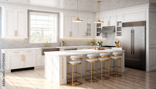 3d render of modern kitchen interior design with white marble and wood
