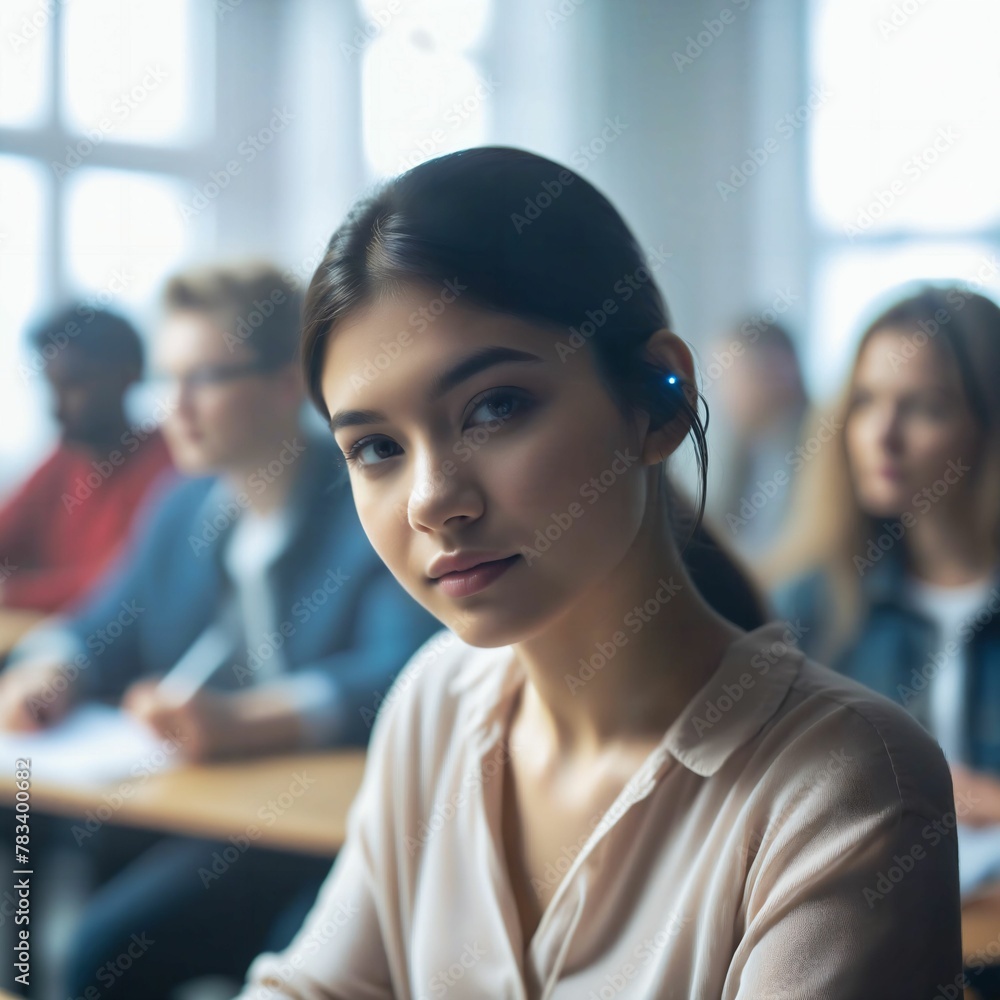 Hearing impaired student with hearing aid. Wearing hearing device in ear, studying at college or school. Lesson in Classroom. Hearing loss. Education. Deaf. Hearing aids. Generative AI Hearing impaired student with hearing aid. Wearing hearing device in ear, studying at college or school. Lesson in Classroom. Hearing loss. Education. Deaf. Hearing aids. Generative AI