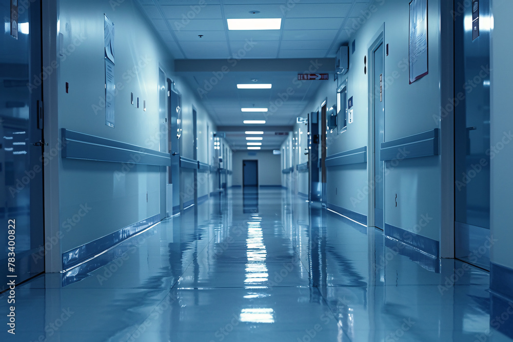 Empty hospital corridor with blue lighting