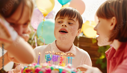 Friendship Celebration: Teen with Down Syndrome Enjoys Birthday Party with Friends, Celebrating Bonds and Memories.. Learning Disability.