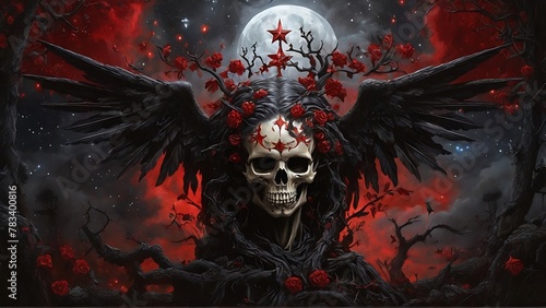 Dark Delight: Black Angel Skull Trees, Stars, Comet, and Red Blood photo