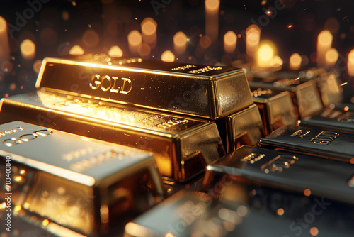 Stack of gold bars sparkling with light