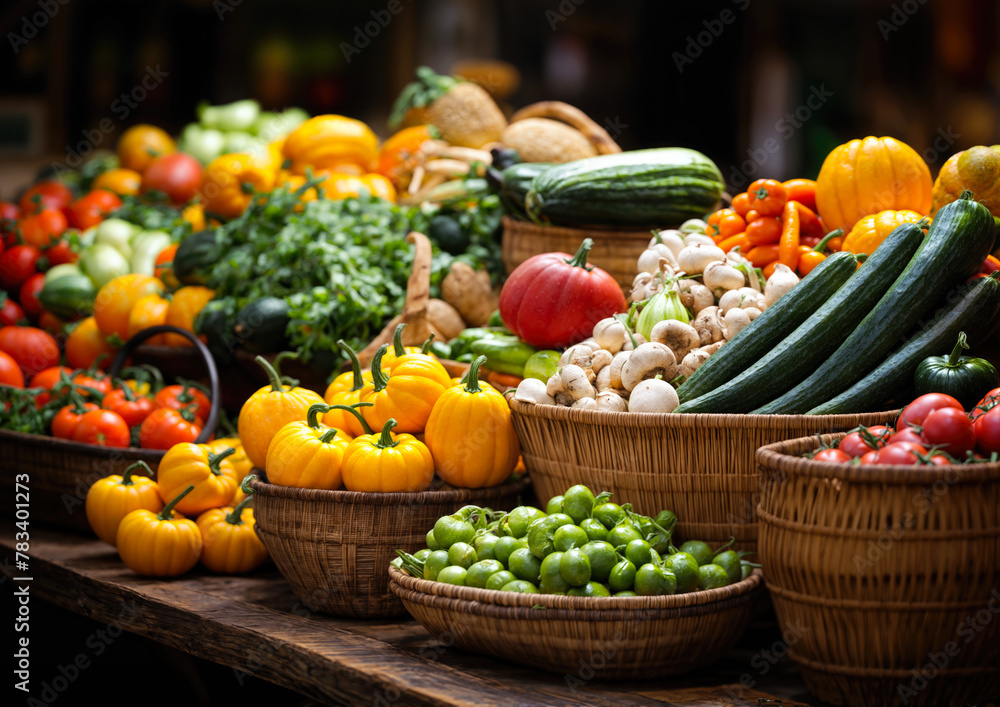Assortment of fresh organic vegetables in baskets on wooden table. Selective focus