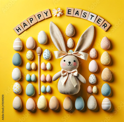 Playful Easter bunny and decorated eggs on vibrant yellow background.