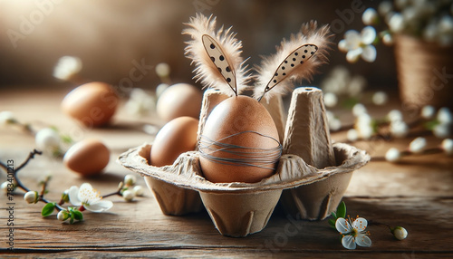 Artistic Easter composition with eggs and feathers in carton on rustic wooden table.