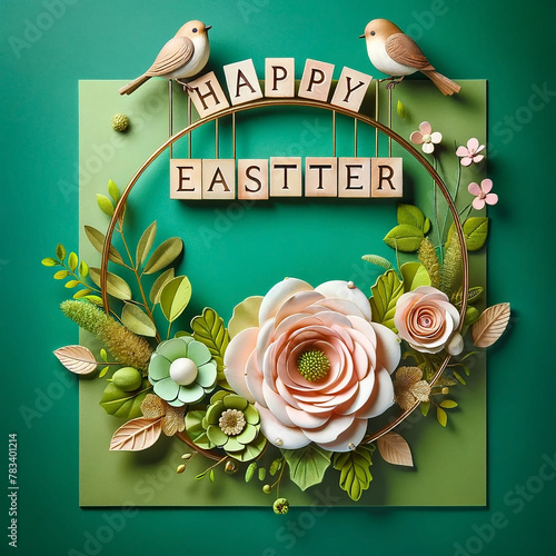 Happy Easter greeting card with paper bird and flower design on green background.