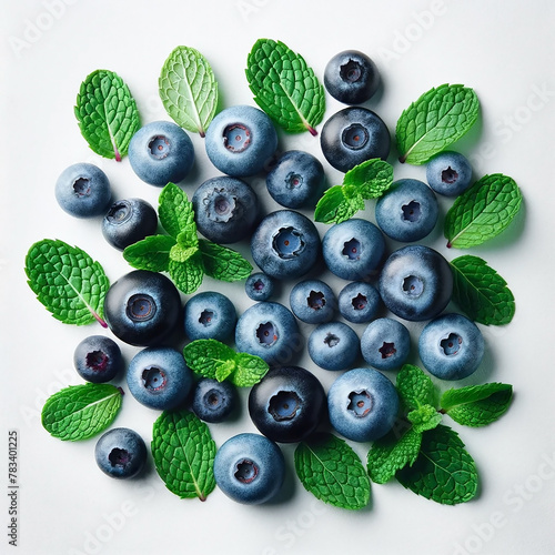 Fresh blueberries with green leaves white background. Vitamin berries.