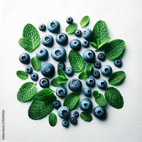 Fresh blueberries with green leaves white background. Vitamin berries.