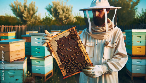 Beekeeper protective clothing inspecting honeycomb frame apiary. Beekeeping honey production concept