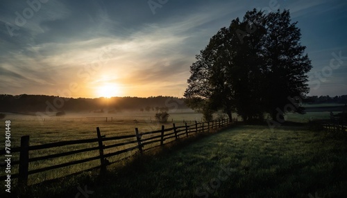 beautiful sunrise over a meadow with trees and a fence generative ai