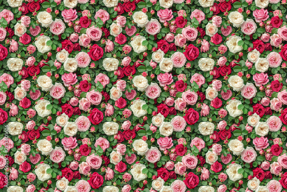 Floral pattern with pink and white roses on a vintage cream background