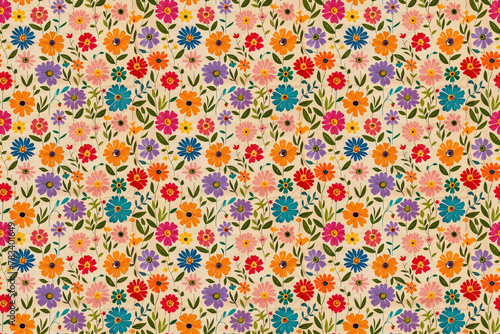 Colorful floral pattern with a variety of flowers on a beige background