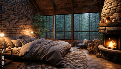 3D rendering of a cozy bedroom in a log house with a fireplace