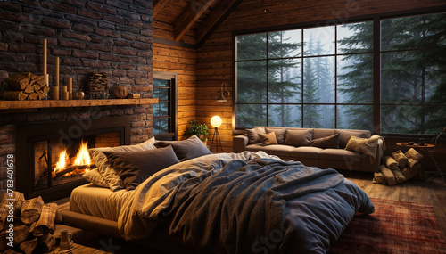 3D rendering of a cozy bedroom in a country house with a fireplace