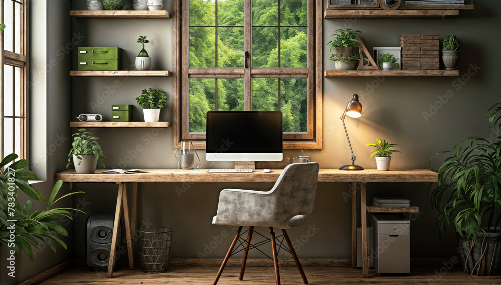 Interior of modern home office. Workplace with computer. 3d render Interior of modern home office. Workplace with computer. 3d render