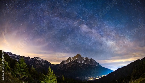mountain view sky filled wth stars and galaxy dust