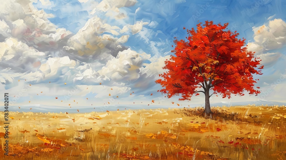 lone red maple tree in a field of golden autumn foliage landscape ...