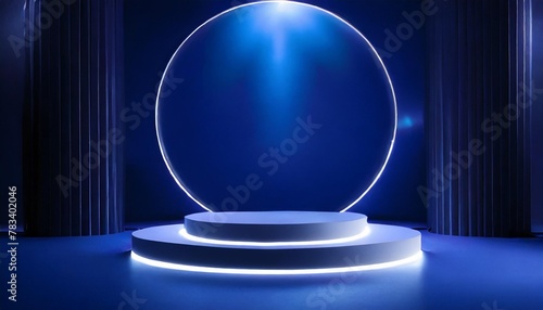 an abstract minimal scene with empty stage and circle podiums against a dark blue background illuminated by neon disco lights serving as a pedestal for cosmetic product and packaging mockups