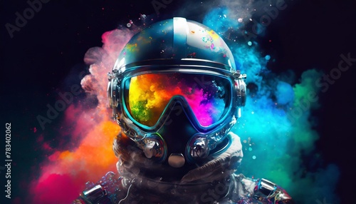 helmet realistic astronot with glasess rainbow color smoke spash background cyberpunk mode color generate ai photo