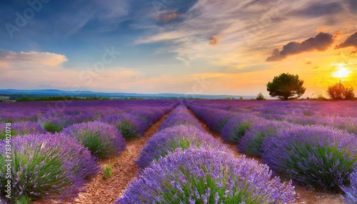 stunning landscape with lavender field at sunset