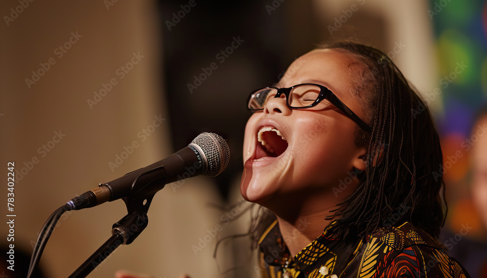Music Concert Joy: Teen with Down Syndrome Sings on Stage at Concert, Spreading Musical Joy and Celebration. Learning Disability Music Concert Joy: Teen with Down Syndrome Sings on Stage at Concert, Spreading Musical Joy and Celebration. Learning Disability
