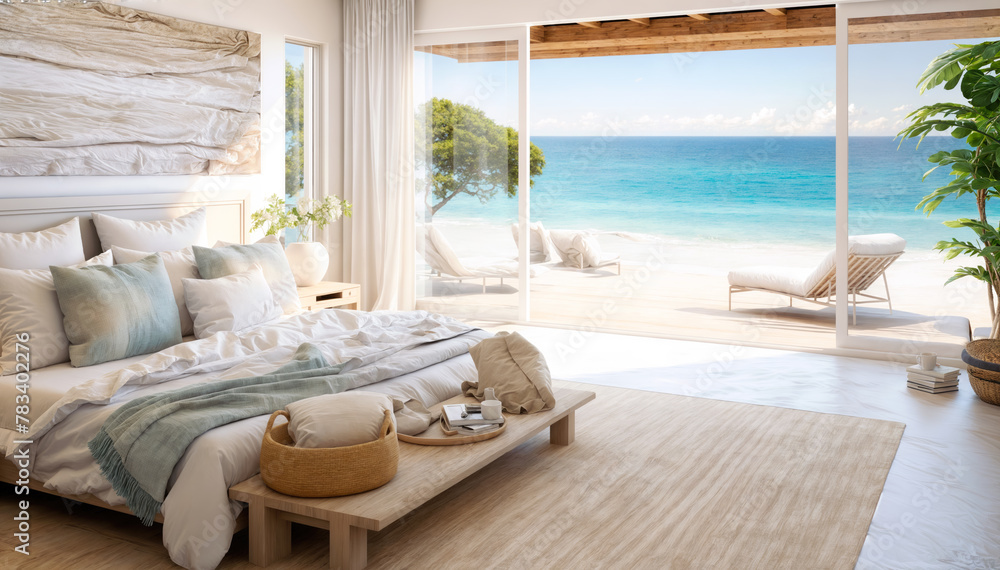 Fototapeta premium Luxury bedroom with sea view. 3d rendering mock up