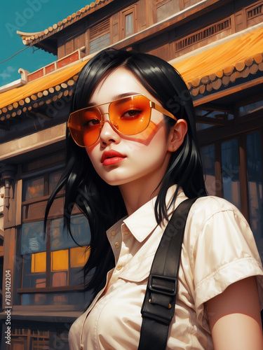 Chinese woman in amber sunglasses, ilustration inpired in cyberpunk manga photo