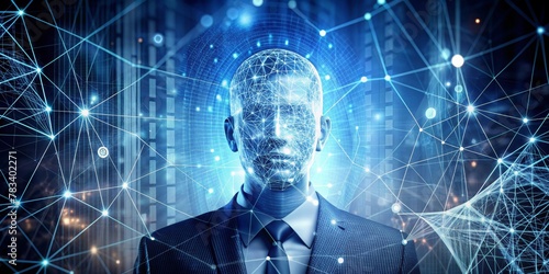 virtual image of a businessman surrounded by a graphical interface, business integration with AI technology