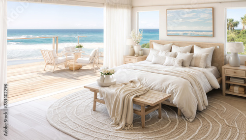 Luxury bedroom with sea view. 3d rendering, 3d illustration.