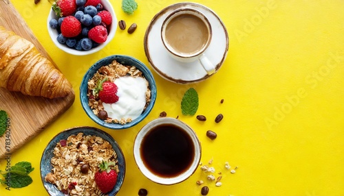 healthy breakfast set with coffee and granola overhead view copy space yellow background