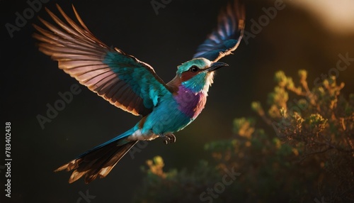 lilac breasted roller coracias caudatus flying away in kruger national park in south africa photo