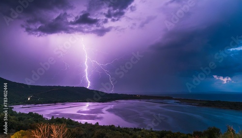 violet lightning illuminates the sky over the fluid landscape