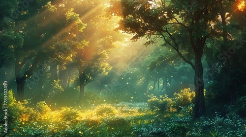 lush green forest illuminated by golden sun flares nature digital painting © Bijac