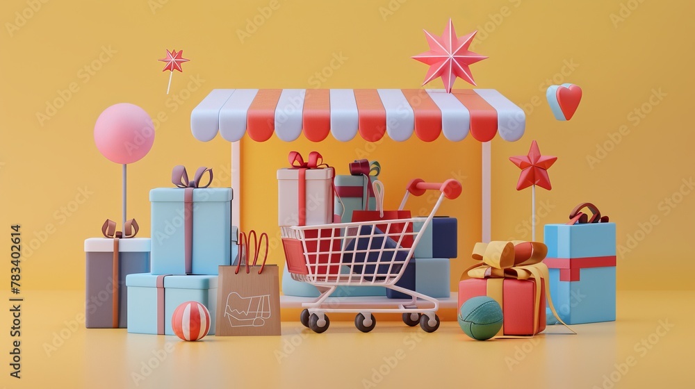 An online shop is depicted in 3D render realistic icons, including a basket, delivery, gift, promotion, payment card, bonus, and discounts, catering to various e-commerce functionalities