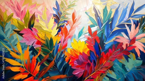 lush plants vibrant flowers and golden grain colorful modern botanical oil paintings on canvas