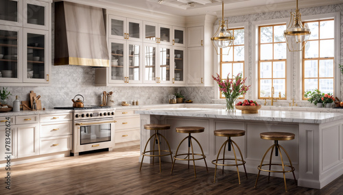 3d render of luxury modern kitchen with white walls, wooden floor and white countertops with built in sink
