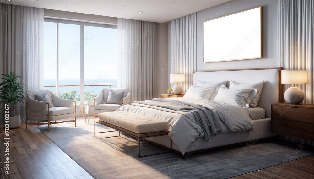 Modern bedroom interior design. 3D rendering mock up of a bedroom