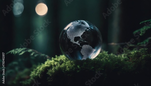 crystal globe on moss in a forest environment