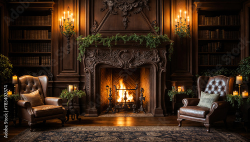 Luxurious interior of a classic living room with fireplace and armchairs.