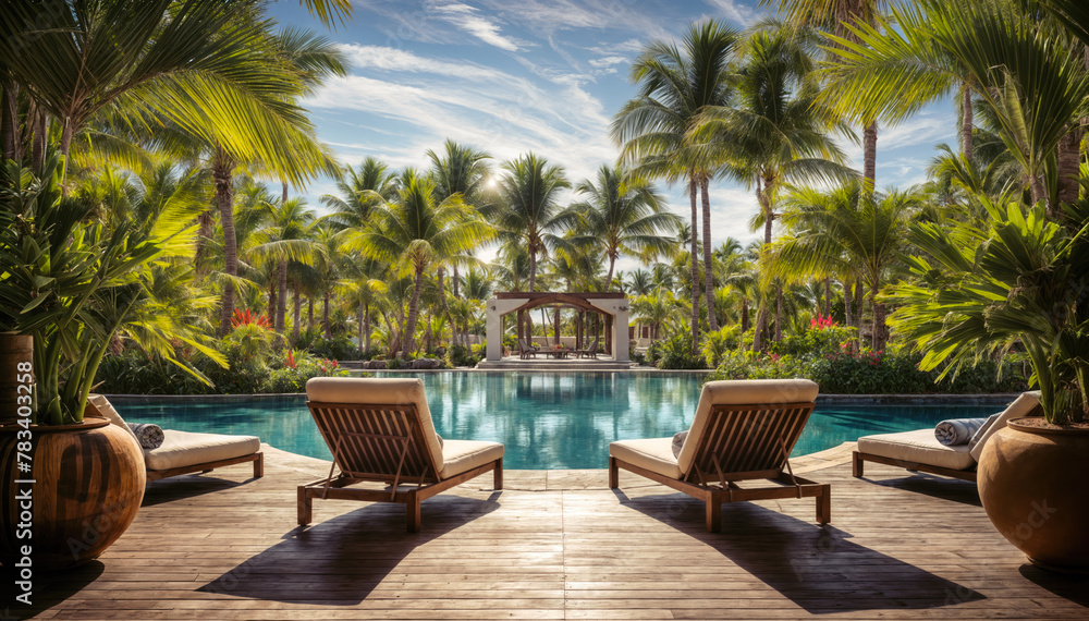 Fototapeta premium Swimming pool in luxury hotel resort with palm trees and deck chairs