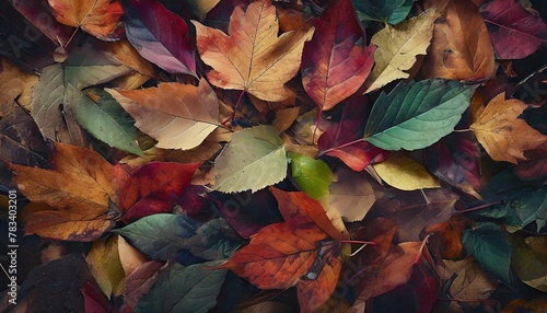 generative ai illustration of full frame background consisting of pile of multicolored autumn leaves placed one on another
