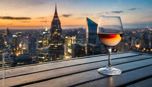 glass of wine on a rooftop bar with a panoramic cityscape generative ai