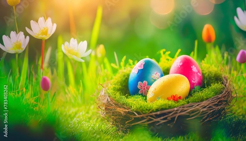 three painted easter eggs in a birds nest celebrating a happy easter on a spring day with a green grass meadow and blurred grass foreground and bright sunlight background with copy space photo