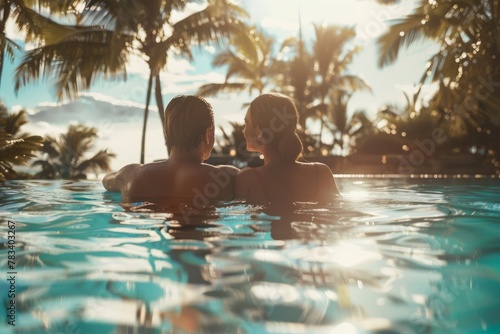 A romantic couple relaxes in a pool, enjoying a tropical sunset surrounded by palm trees. Couple Enjoying Sunset in a Tropical Pool