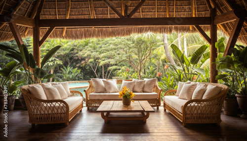 Interior of a tropical villa with rattan sofa and table © Graphic Dude
