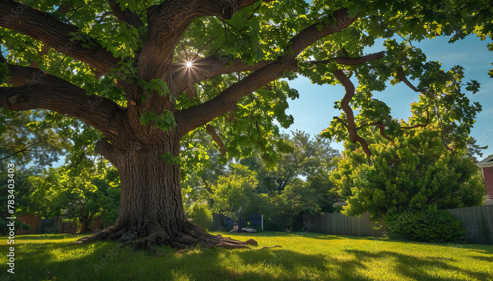 The old oak tree in the backyard provided shade on hot summer days. The old oak tree in the backyard provided shade on hot summer days.