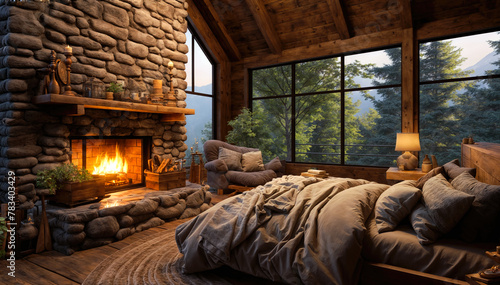 Luxury bedroom with fireplace in a country house. 3d rendering