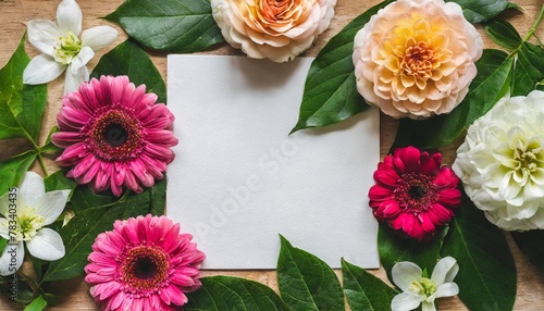 creative layout made of flowers and leaves flat lay nature concept floral greeting card colorful spring flower background with paper card note nature trendy decorative design