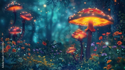 magical fairy garden with glowing mushrooms and flowers enchanting digital illustration