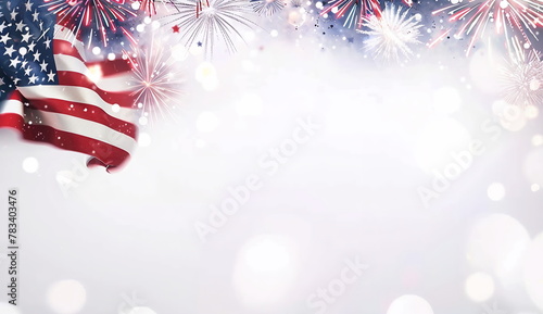 3D rendering of American flag with fireworks on white background with empty copy space. Holiday concept for 4th of July, President's Day, Independence Day, US National Day, Labor Day, Fourth of July